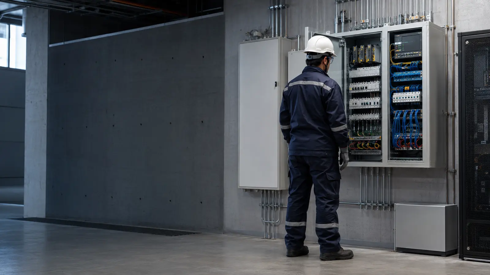 Técnico inspeccionando un tablero eléctrico y de comunicaciones